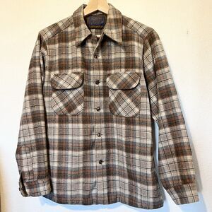 Vintage Pendleton Board Shirt Size M Virgin Wool Brown Tan Plaid US Made 60s 70s